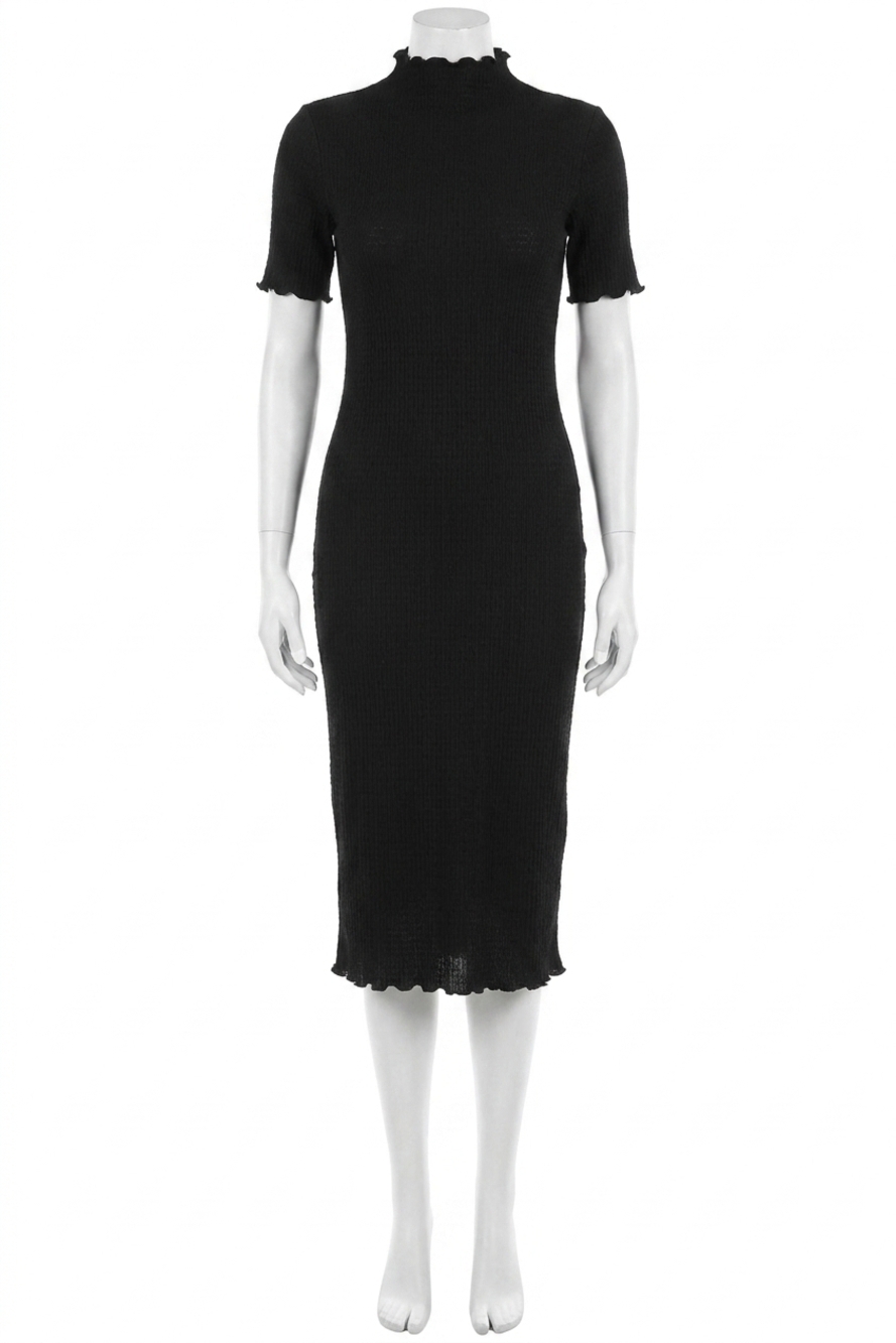 NEW JOSEPH RIBKOFF ruffled mock neck midi bodycon dress in black
